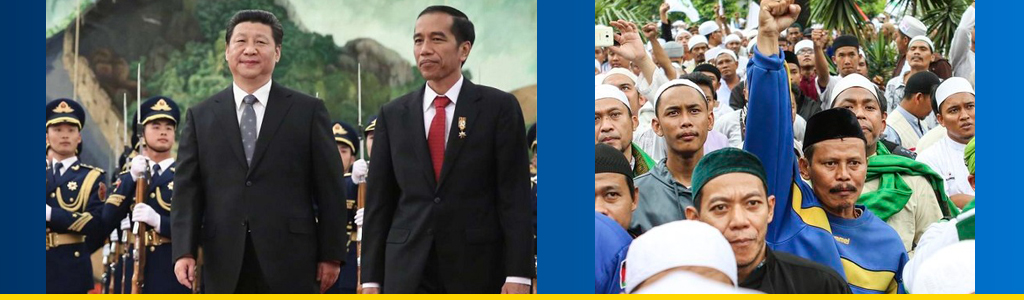 Indonesian President Joko Widodo meets with President Xi Jinping during a visit to China; Islamist group protests against the Indonesian government