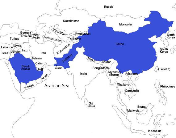 map showing Saudi Arabia, Pakistan and Gwadar Port, and China