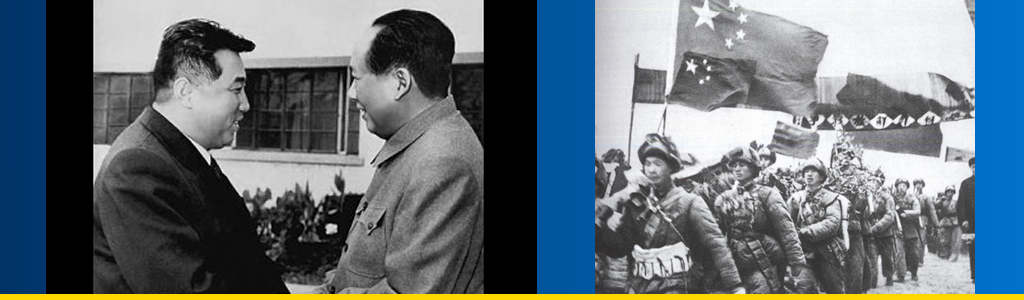 Verdict of history: North Korean leader Kim Il Sung with Chairman Mao Zedong decades after the Chinese intervention in the Korean War, and some of the Chinese troops captured after thousands were sent to fight in Korea in 1950